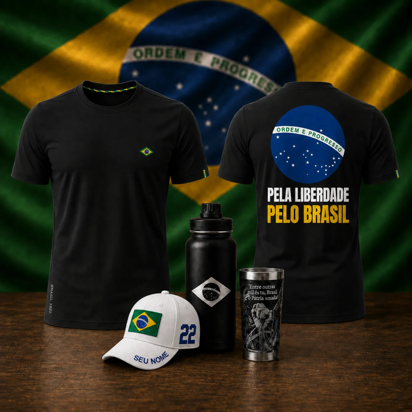 Camiseta preta, boné branco e copo térmico com tema do Brasil