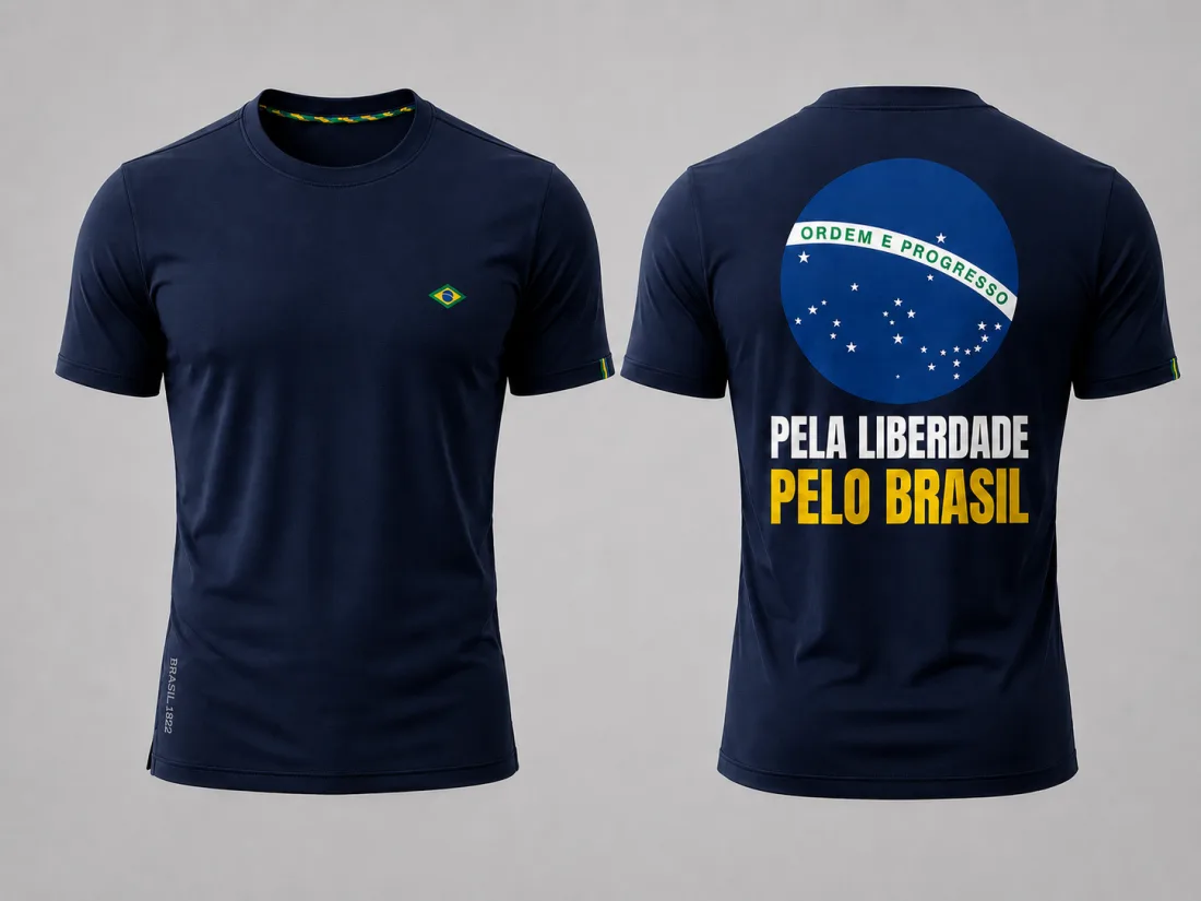 Camiseta azul-marinho com brasão do Brasil, frente e verso