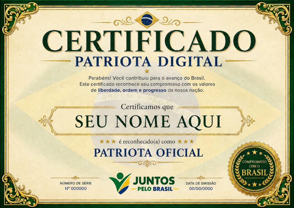 Certificado Patriota Digital com moldura verde e dourada